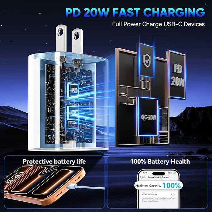 Phone 17 16 15 Pro Charger Fast Charging, 20W USB C Fast Charger Block with 10FT Long Type C Chargers Fast Charging Cable Cord for Phone 17/17 Pro/17 Pro Max/Air/16 Pro Max/16 Pro/15Pro Max/Pro, S24