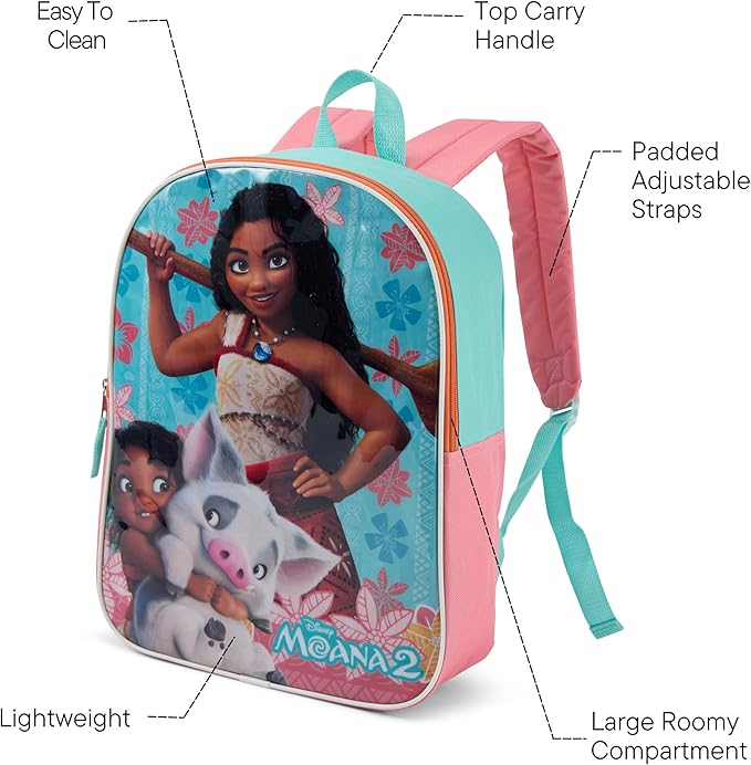 Disney Moana Backpack for Kids - Cute & Durable Kids Backpack for Girls with Padded Straps & Zip Compartment - Ideal Toddler Bookbag for School & Travel - 15”