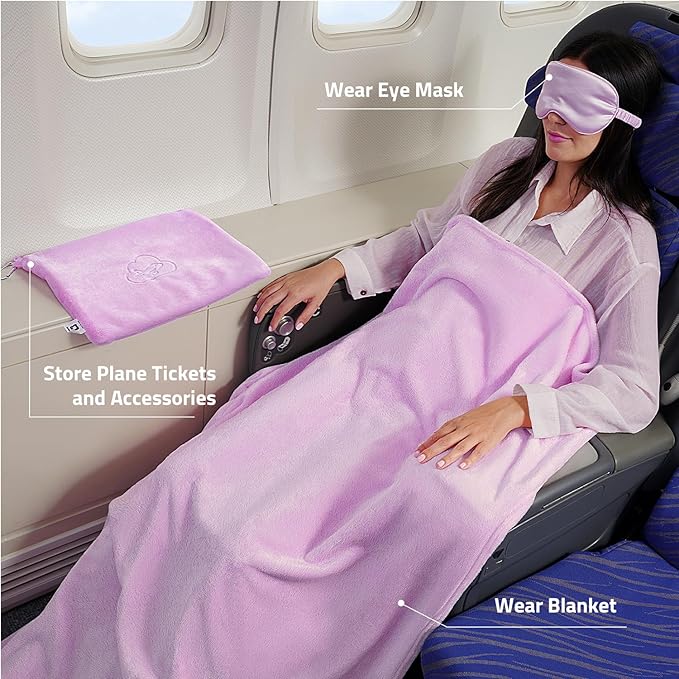 Travel Blanket, Airplane Blanket, Ultra-Soft, Warm & Lightweight, 65x40 in, Outdoor Blanket Essentials for Women, Men & Kids, Included Eye Mask, Luggage Sleeve & Backpack Clip Purple