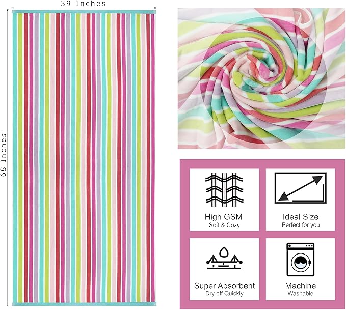 COTTON CRAFT Oversized Beach Towel - 2 Pack XL 39 x 68 inches Big & Huge Beach Blanket Towel - 100% Cotton Dobby Terry Velour Stripe - Super Soft Luxury - Pool Picnic Bath - Pink Multi
