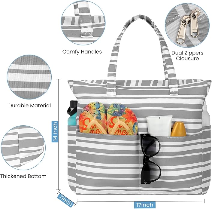 Trifabricy Beach Bags for Women Waterproof Sandproof Women Tote Bag, Large Beach Bag with Zipper for Gym Travel Vocation