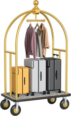 Hotel Luggage Cart, 1300LBS Load Capacity Bellman's Cart with 8" Wheels, Brushed Stainless Steel Commercial Grade Hotel Luggage Trolley with Grey Carpeted Deck for Hotels (Gold/42''L x 26''W x 74''H)