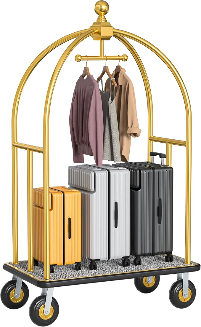 Hotel Luggage Cart, Brushed Stainless Steel Finish Bellman's Cart, Valet Cart with Grey Carpeted Deck and 8‘’ Rubber Wheels, Ideal for Hotels, Condos, Resorts, 1300Lbs Load (Gold, 42''L x 74''H)