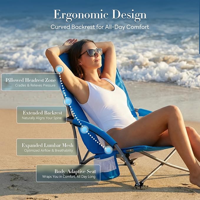 DUMOS Low Beach Chair for Adults, Lightweight Folding Beach Chair with Cup Holder, Storage Bag, Breeze Mesh Back, Padded Armrests, Compact Low Profile Chair for Camp, Picnic, Lawn, Sand