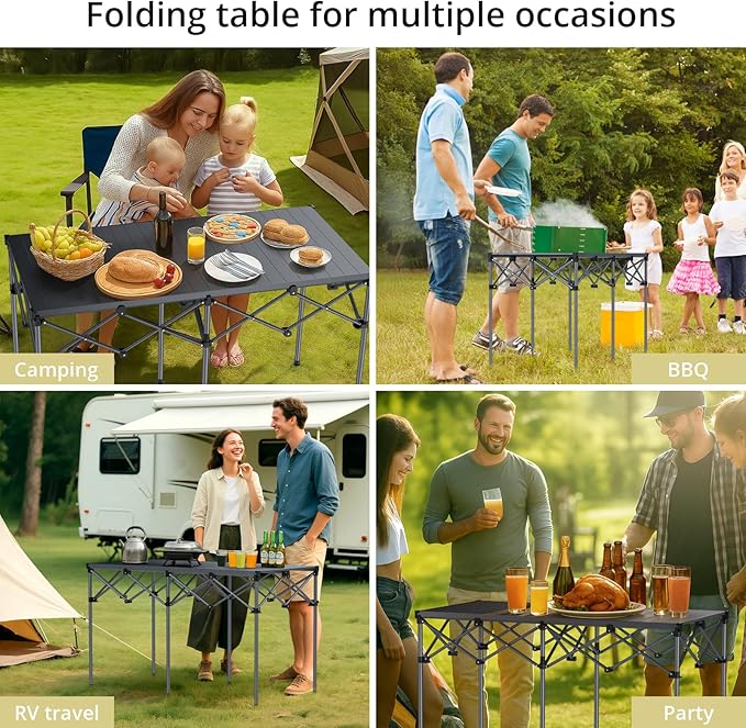 Anbte Heavy-Duty Camping Table, 48” x 23.6” Large Roll Up Camping Table for 6-8 People Support 264lbs with Carry Bag, Waterproof, Portable, for Backyard BBQ Tailgating Picnic Party Indoor, Black