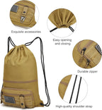 seyfocnia Drawstring Backpack Tactical String Bag with Zipper Pockets Waterproof Cinch Bag Sport Gym Sackpack - Khaki