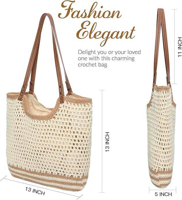 Pleneal Crochet Beach Bag, Summer Woven Tote Bag with Lining, Soft Purse Shoulder Bags for Vacation