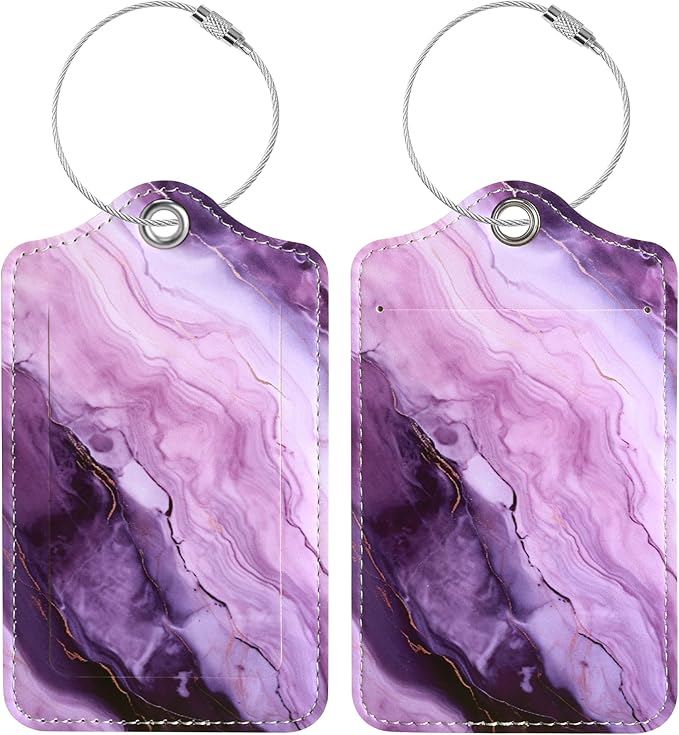 Luggage Tags for Suitcases, 2 Pack Cute PU Leather Luggage Tag TSA Approved with Stainless Steel Loop and Address Card Baggage Tag for Travel&Cruise Ships&Shipping Lavender Marble, by Chelmon