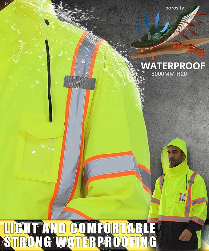 Hi Vis Safety Rain Jacket for Men Women Waterproof Breathable Rain Gears with Mesh Lining Black Bottom Lightweight Work Jacket (2XL/3XL)