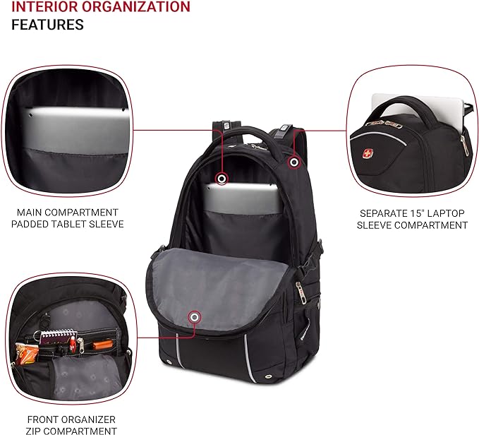 SwissGear 3258 Laptop Backpack, Fits Most 17 Inch Laptops, Secure Computer Sleeve for Travel, Work, School, Men's and Women's - Black