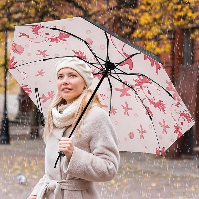 ALAZA Folding Umbrella Kawaii Axolotl Pink Animal Compact Travel Umbrella Automatic Open Close, Inverted Umbrellas for Rain Windproof UV Protection Sun Umbrellas