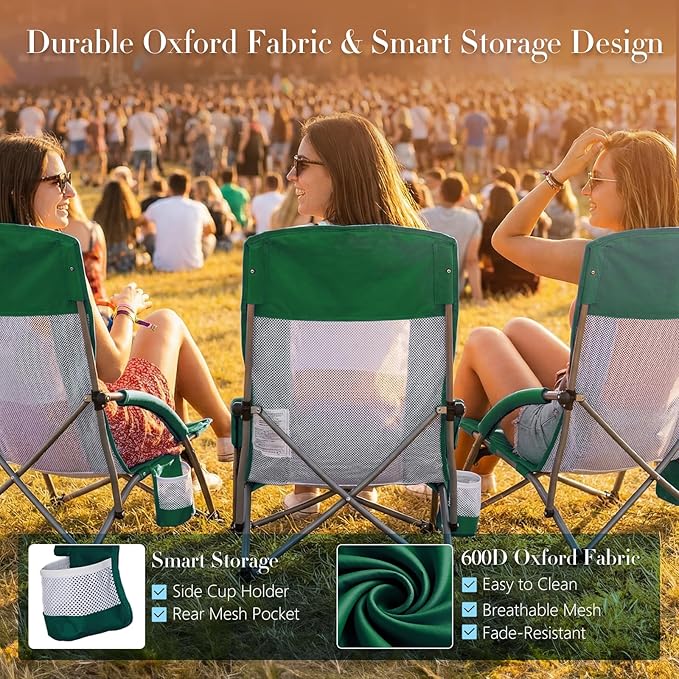 DUMOS Low Beach Chair for Adults, Lightweight Folding Beach Chair with Cup Holder, Storage Bag, Breeze Mesh Back, Padded Armrests, Compact Low Profile Chair for Camp, Picnic, Lawn, Sand