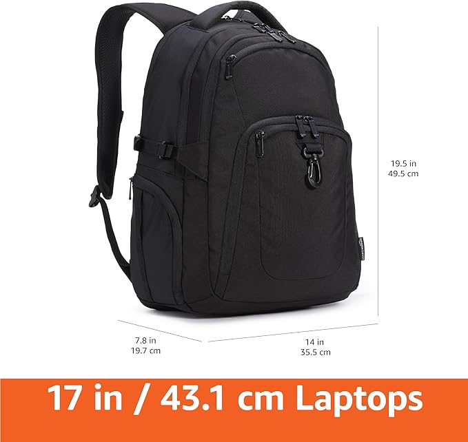 Amazon Basics Travel Laptop Backpack with Multiple Pockets and Compartments for 17 in / 43.1 cm Laptop, Water Resistant, Spacious with Padded Shoulder Straps, Black