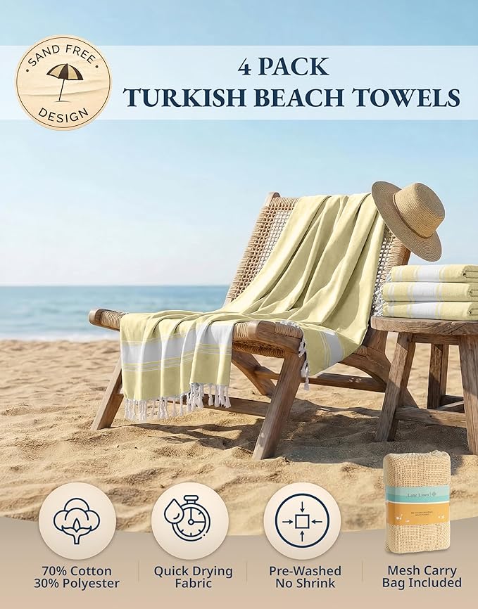 LANE LINEN Oversized Beach Towels 4 Pack – Pre-Washed, Extra Large, Quick Dry, No Sand, Pool Use, 39"x71" – Yellow