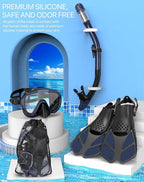 Ubekezele Snorkeling Gear for Adults Men Women,4 in 1 Snorkel Set with Panoramic View Diving Mask Anti-Fog Anti-Leak,Dry Top Snorkel,Fins and Travel Bag for Swimming,Snorkeling and Travel Diving