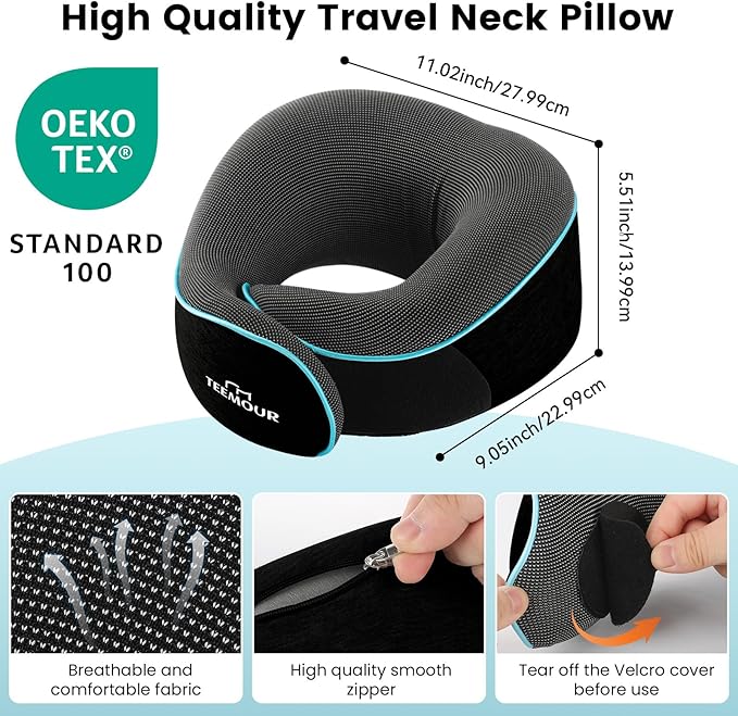 Travel Pillow Neck Pillow for Airplane Travel Essentials - Memory Foam Travel Neck Pillow, Stops Head Bobbing With Eye Mask & Earplugs, Portable Carry Bag for Long Flights| Airplane Accessories Black