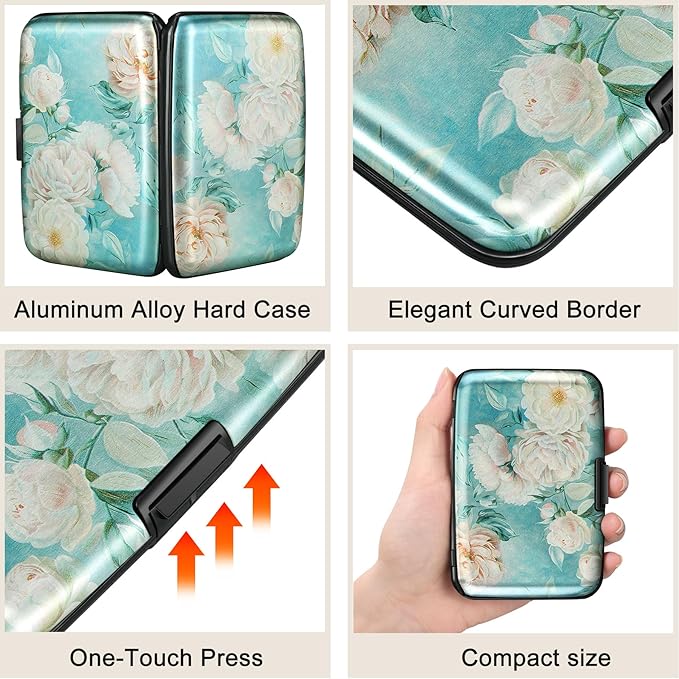 ELFISH Mini RFID Aluminum Wallet Credit Cards Holder Business Card Case Metal ID Case for Men Women(White peony)