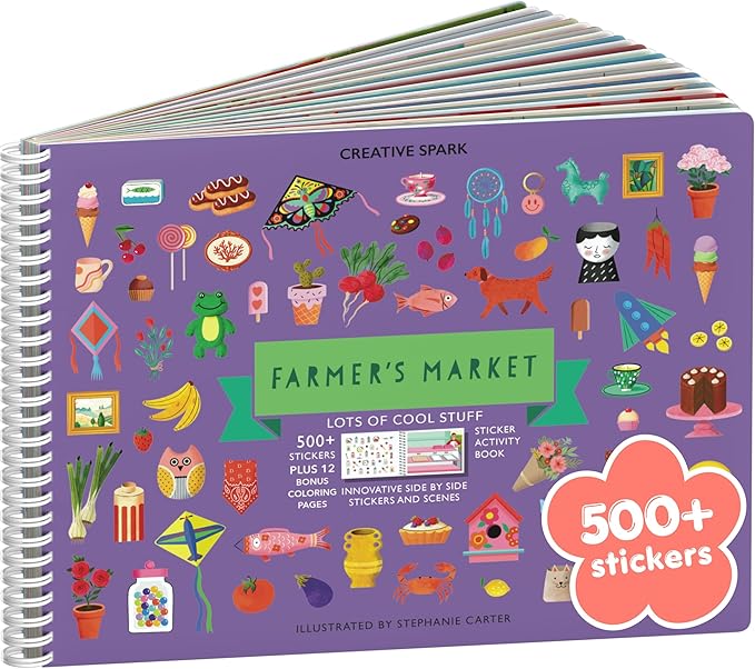 Farmer's Market 500+ Sticker Book by Cupkin Fun Toddler Travel Activity Coloring and Sticker Book, Road Trip Essentials, 12 Coloring Pages 12 Side by Side Scenes for Ages 2–8 Years