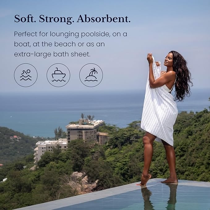 Black & White Brands Brazilian Beach/Pool/Bath Towel - Ultimate Absorbent Luxury XL 36x70 100% Cotton Wave (4 White Towels, Poly Pinstripe)