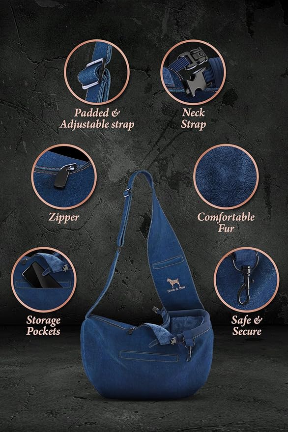 Noah & Paw Dog Sling Carrier for Small Dogs 3-10lb, Dog Sling for Small Dogs and Cats, Dog Carrier with Adjustable Padded Strap, Vegan Denim Lined with Fur, 3X Safety Features, Machine Washable