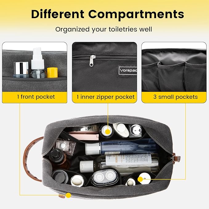 Vorspack Travel Toiletry Bag - Hanging Toiletry Bag for Men Water Resistant Canvas Shaving Bag with Large Capacity for Travel - Light Grey