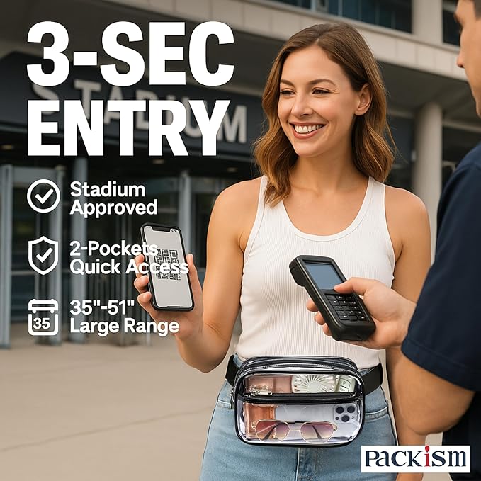 Packism Clear Fanny Pack Stadium Approved - Plus Size 35-51 inches Adjustable Strap Clear Belt Bag for Women Men Transparent Waist Bag for Concerts, Sporting Events, Black