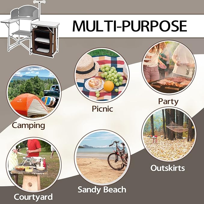 CampLand Folding Camping Kitchen Table with Windscreen,Portable Outdoor Cooking Station with Storage Cabinet & Side Tables Heavy Duty Camp Cook Station for Camping & BBQ（White）