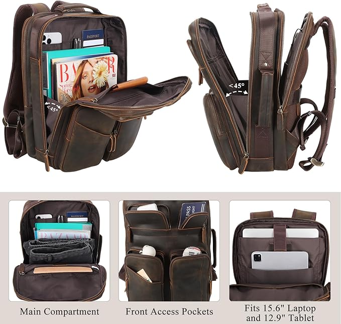 TIDING Full Grain Leather 15.6" Laptop Backpack for Men Multi Pockets Casual Daypack Business Travel Rucksack