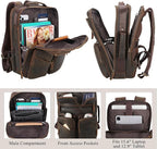 TIDING Full Grain Leather 15.6" Laptop Backpack for Men Multi Pockets Casual Daypack Business Travel Rucksack