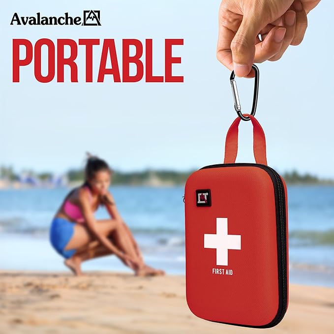 Avalanche 53 Pieces First Aid Kit, Compact Emergency Supplies Kit for Home, School, Car, Travel, Sports or Camping in Hard Shell Foam Case, Portable Mini First Aid Kit, Red