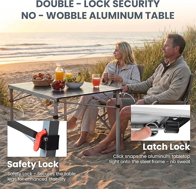 KingCamp Aluminum Folding Camping Table, 42.1" Foldable Lightweight Roll Up Camp Table Heavy Duty 2-6 People Portable Table for Camping Picnic BBQ RV, Indoor & Outdoor, Silver Black