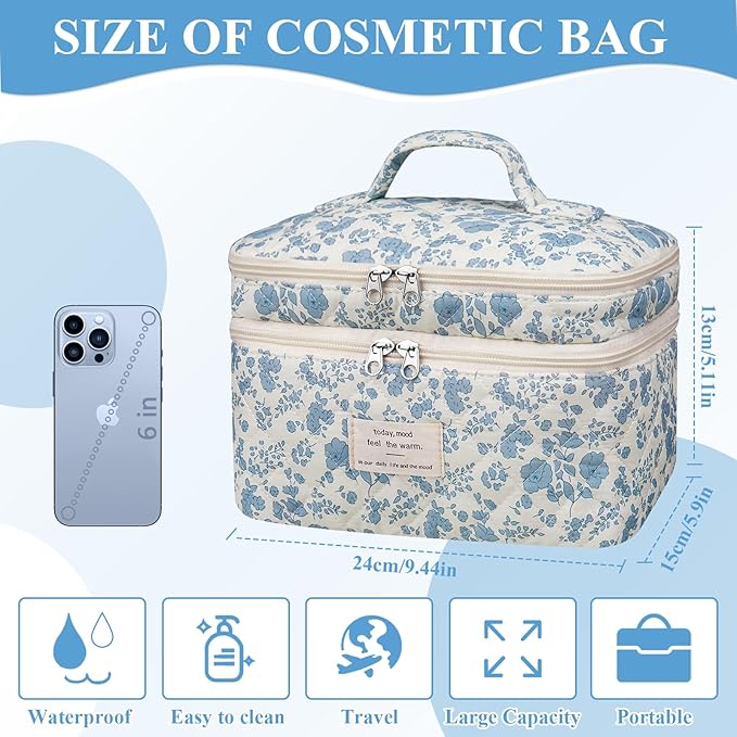 Gosect Makeup bag, Large Cosmetic Bag for Women Girls, Cute Quilted Makeup Bags, Floral Coquette Aesthetic Toiletry Bag, Travel Make Up Organizer Bag (Blue Bow)