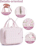 Narwey Hanging Toiletry Bag for Women Travel Makeup Bag Organizer Toiletries Bag for Travel Size Essentials Accessories Cosmetics (Pink Flower Buds (Medium))