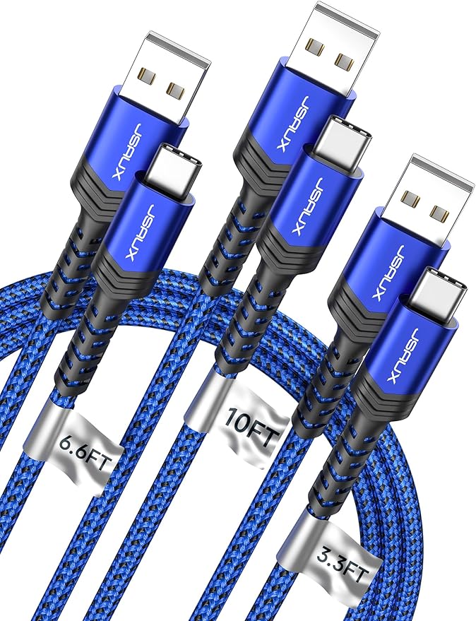 JSAUX USB C Cable Fast Charging 3-Pack(10ft+6.6ft+3.3ft), USB A to Type C Charger Cord for iPhone 17/17e/17 Pro/17 Pro Max, iPhone 16/16 Pro/16 Pro Max, Samsung Galaxy S23 S22 S20, USB C Charger(Blue)