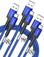 JSAUX USB C Cable Fast Charging 3-Pack(10ft+6.6ft+3.3ft), USB A to Type C Charger Cord for iPhone 17/17e/17 Pro/17 Pro Max, iPhone 16/16 Pro/16 Pro Max, Samsung Galaxy S23 S22 S20, USB C Charger(Blue)