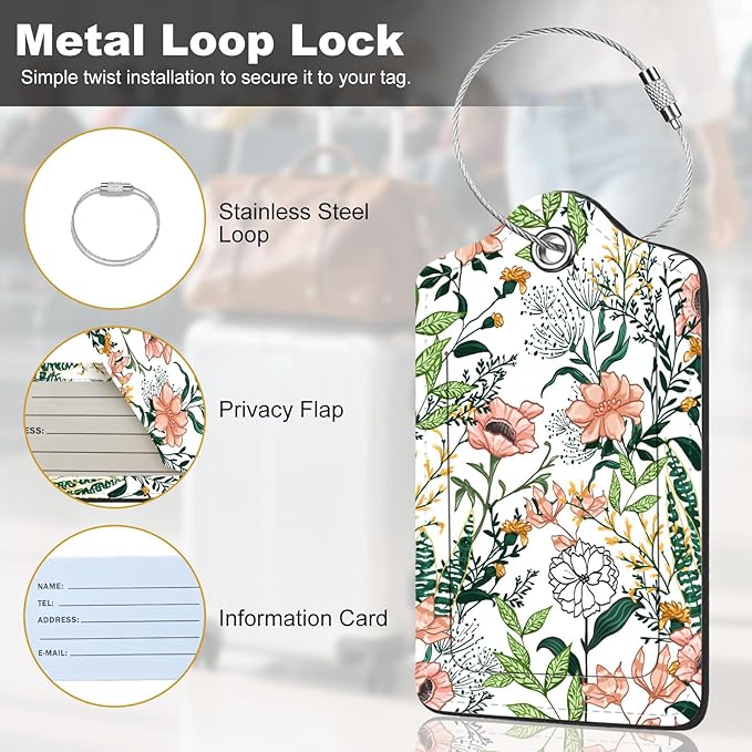 2Pack Luggage Tags for Suitcases, Cute Unique Pu Leather Cruise Luggage Tag with Privacy Cover ID Label Address Card and Metal Ring Suitable for Women Men Kids Travel Bag Green leaves, pink flowers