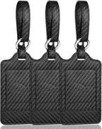 3 Pack Luggage Tags - Quick Install, Privacy Protection, Airplane Travel Essentials for Suitcases, Durable Leather - Carbon Fiber Black