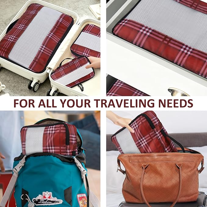 U+U 5 Set Packing Cubes for Travel Essentials Ultralight Luggage Packing Organizers with Laundry Bag and Shoe Bag for Vacation, Business Trip and Camping (Burgundy Checkered)