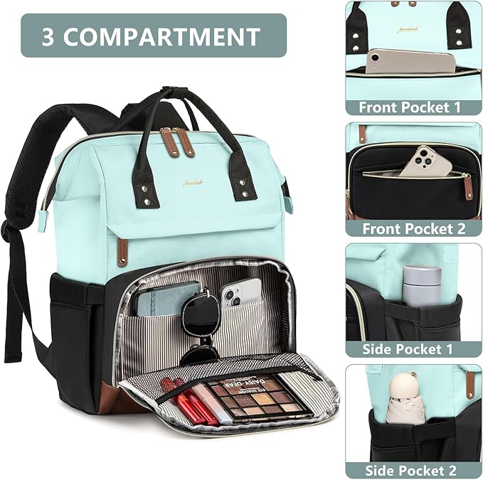 Laptop Backpack for Womem Work Bags: 15.6 Inch Travel BackPacks With USB Charging Port Durable Back Pack Anti Theft Fashion College BookBag Purse Bussiness Daypack for Nurse Teacher Light Blue Black
