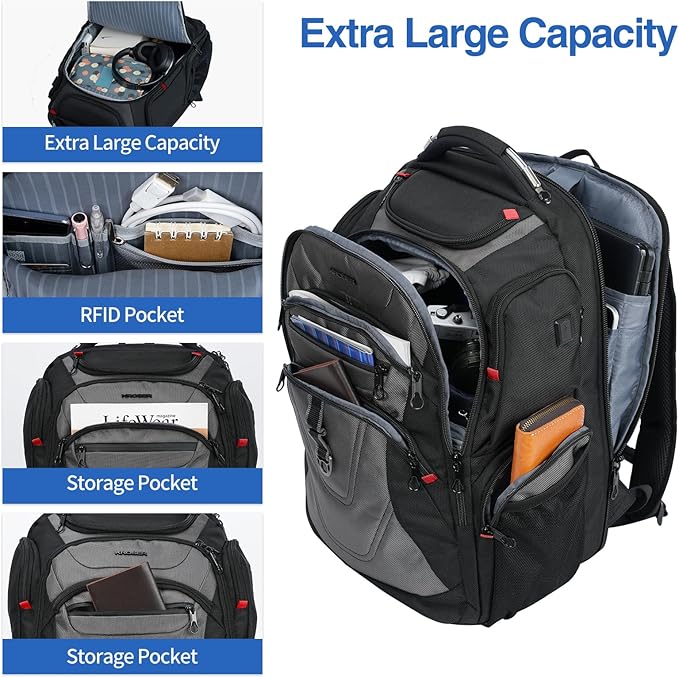 KROSER TSA Friendly Travel Laptop Backpack 17.3 inch XXXL Gaming Backpack Water-Repellent College Daypack Business Backpack with RFID Pockets & USB Port for Men/Women-Black/Grey