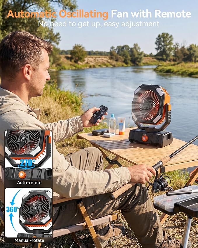 USONE Misting Fan, Portable Camping Fan Rechargeable, Battery Powered Fan for Camping with Light, Remote & Timer, Hanging Tent Fan with Hook for Outdoor fishing, Travel, Work/Summer Essential