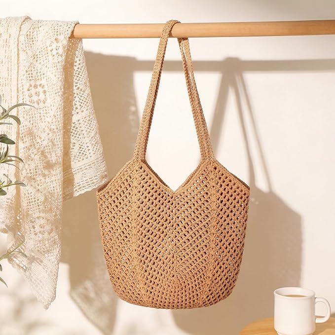 Tavaleu Crochet Tote Beach Bags for Women, Mesh Beach Tote Knit Bag, Summer Vacation Aesthetic Boho Hobo Shoulder Bag