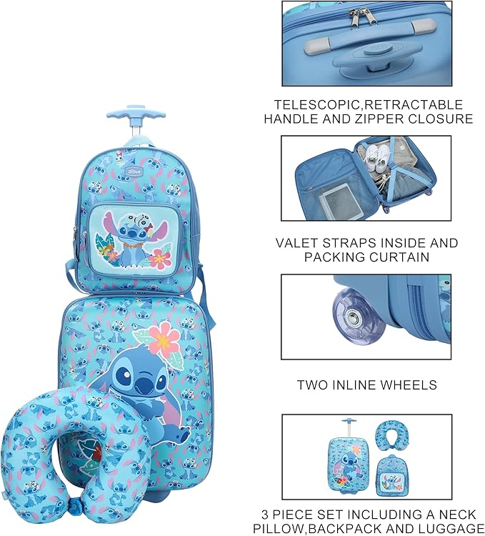 Bioworld Lilo & Stitch Kids' 3-Piece Travel Set With Luggage, Backpack, and Neck Pillow
