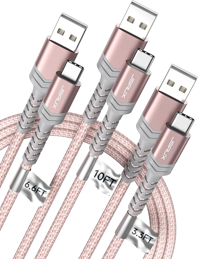 JSAUX USB C Cable Fast Charging, 3-Pack (10ft+6.6ft+3.3ft) USB A to Type C Charge Cord for iPhone 17/17 Pro/17 Pro Max, iPhone 16/16 Pro/16 Pro Max, Samsung Galaxy S24 S22 S20, USB C Charger(Pink)