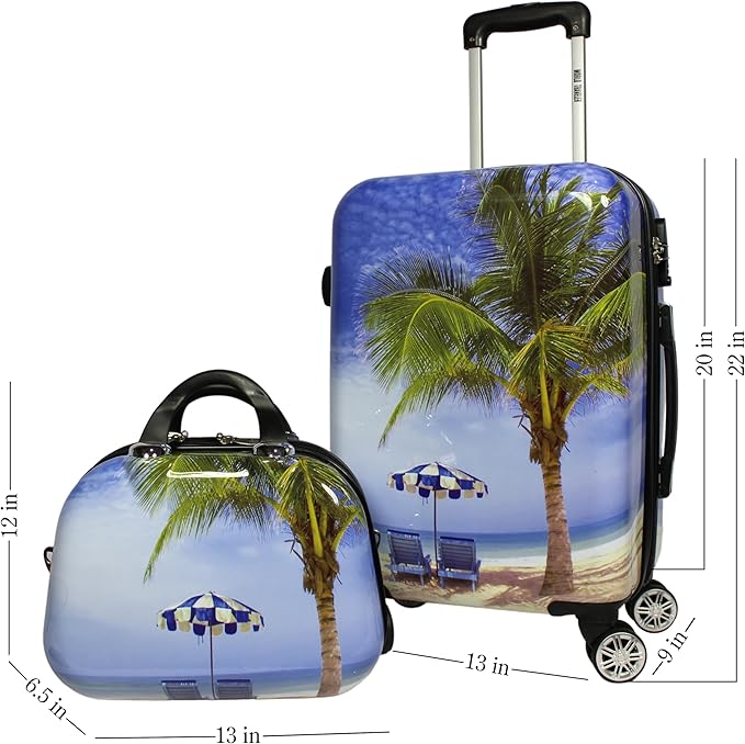 World Traveler VentureX Airline Approved 2-Piece Carry-On Luggage Set – Lightweight Hardside Polycarbonate Suitcase with Spinner Wheels - Palm Tree