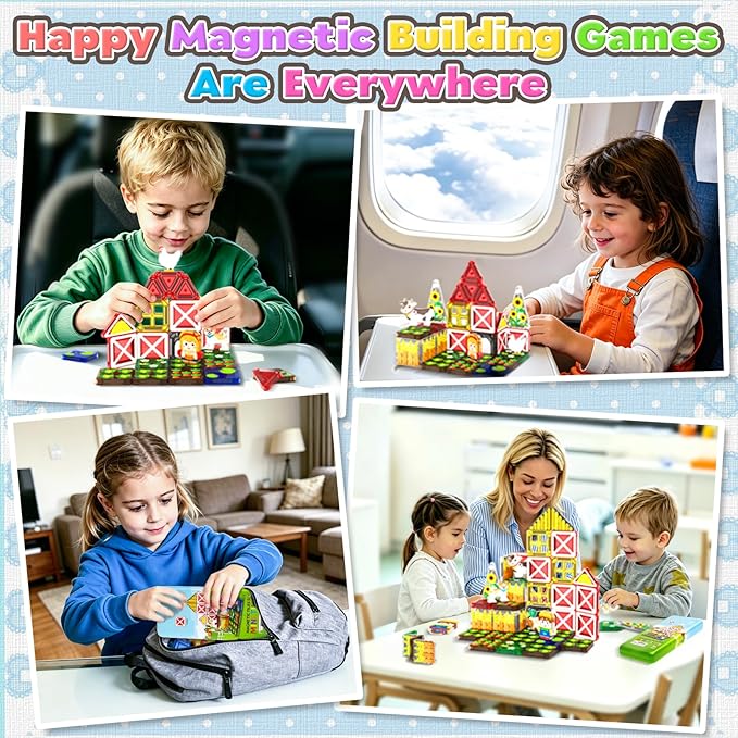 ORZbb Mini Magnetic Tiles Farm Animal Toys Toddler Travel Essentials Set with Case, Kids Magnetic Blocks Montessori Education Learning Sensory Preschool Toys for 3+ Year Old Boys Girls Gifts