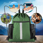 BeeGreen Green Drawstring Bag Gym Cinch Backpack w Shoe Compartment and Two Side Pockets Machine Washable Sports Sinch Sack String Sackpack for Swim Equipment Beach Travel