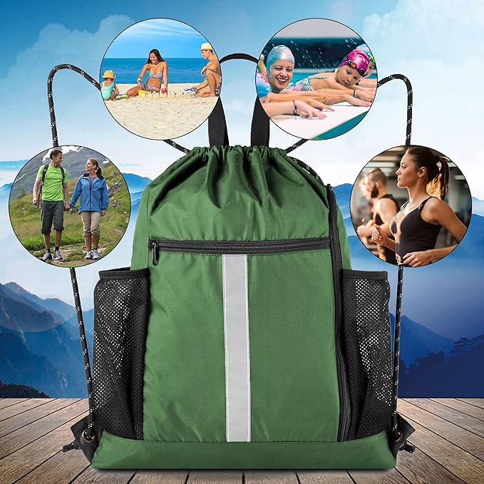 BeeGreen Green Drawstring Bag Gym Cinch Backpack w Shoe Compartment and Two Side Pockets Machine Washable Sports Sinch Sack String Sackpack for Swim Equipment Beach Travel