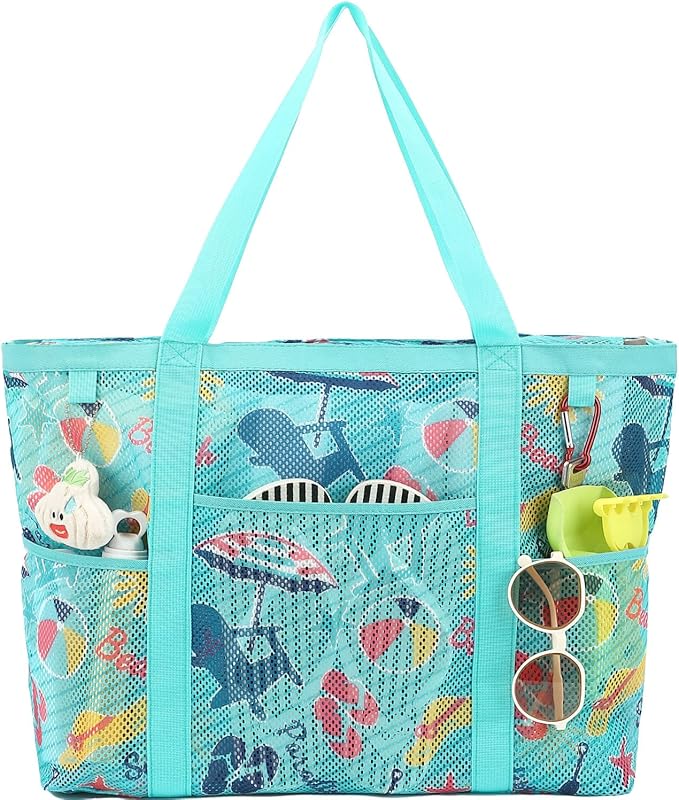 Fammart Mesh Beach Bag with Zipper, Large Beach Tote for Women, Toys Pool Swim Bag Travel Vacation Cruise Essentials