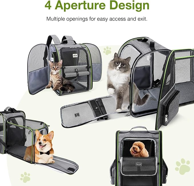 Large Cat Backpack Carrier Expandable Pet Carrier Backpack for Small Dogs Medium Cats Fit Up to 18 Lbs,Dogs Foldable Puppy Backpack Carrier for Travel, Hiking,Grey with Green Edge,L